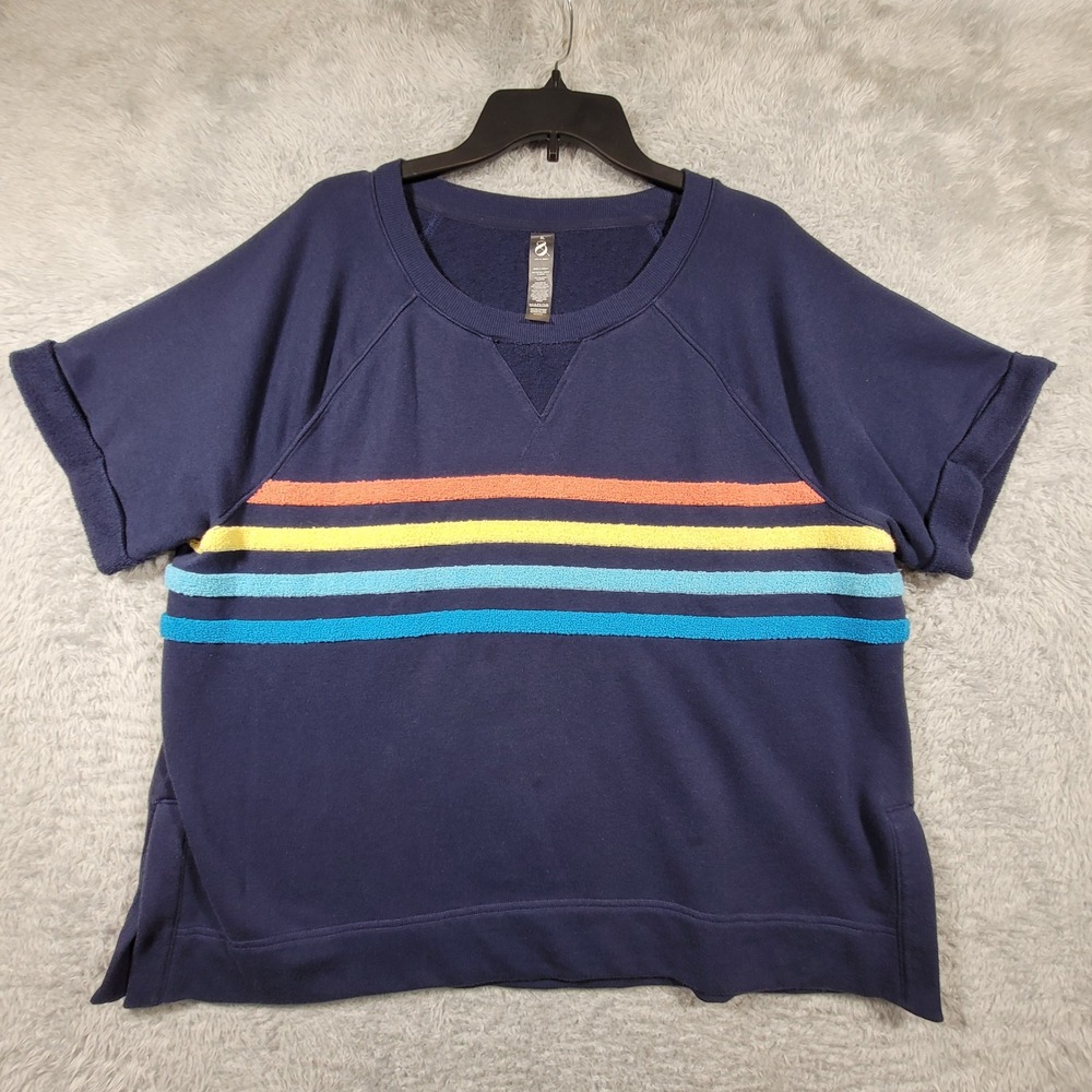 Lou & Grey Navy Blue Rainbow Stripe Short Sleeve Sweatshirt Top Womens XL